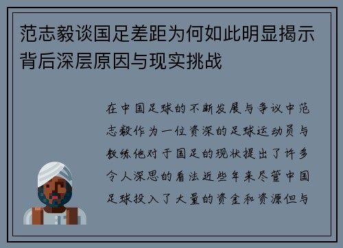 范志毅谈国足差距为何如此明显揭示背后深层原因与现实挑战
